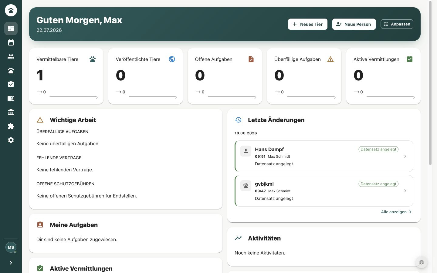 Sheltra-Dashboard mit Kennzahlen, wichtigen Arbeiten und letzten Änderungen
